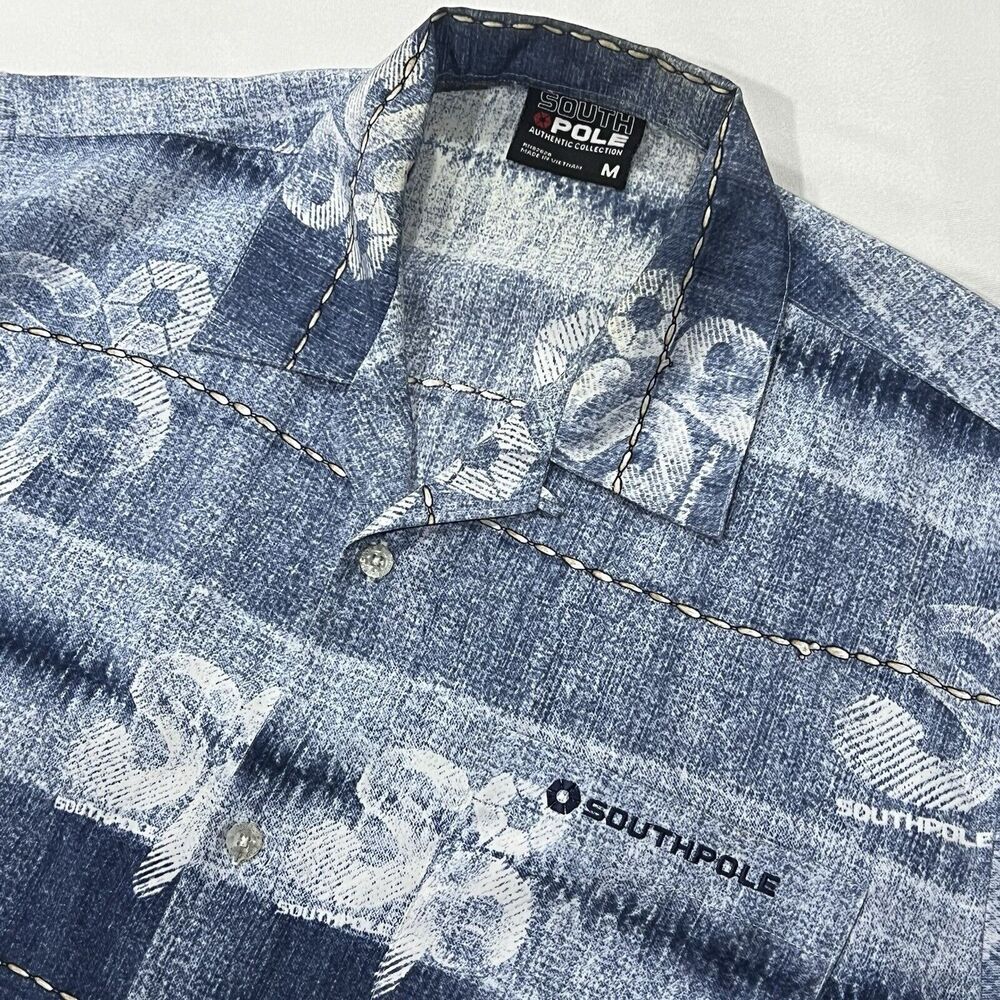 Vintage Y2K South‎ Pole Men Logo Blue Short Sleeve Hawaiian Shirt Size Medium
